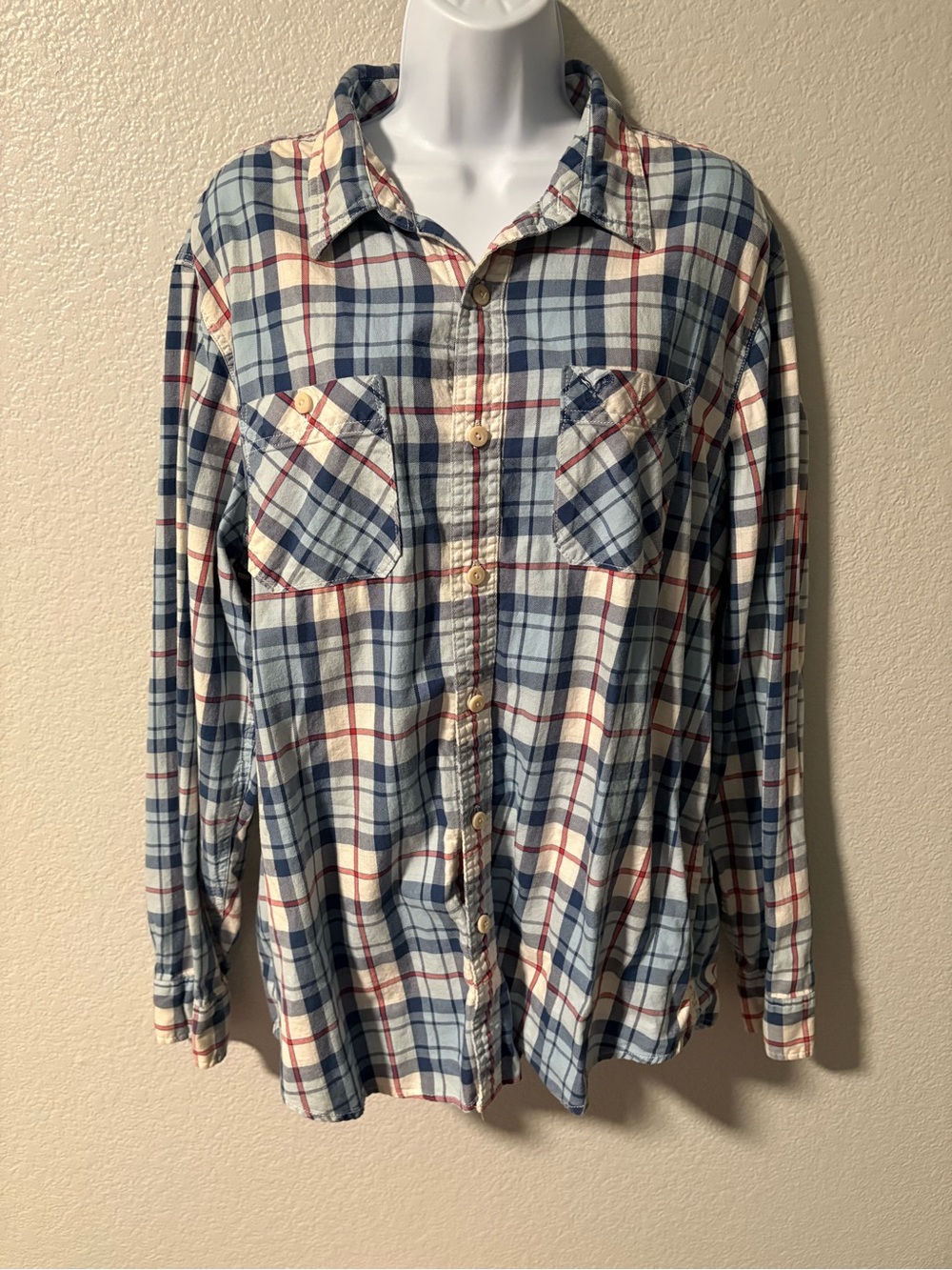 Men-American Eagle Outfitters Blue and White Plaid Button-Down Shirt